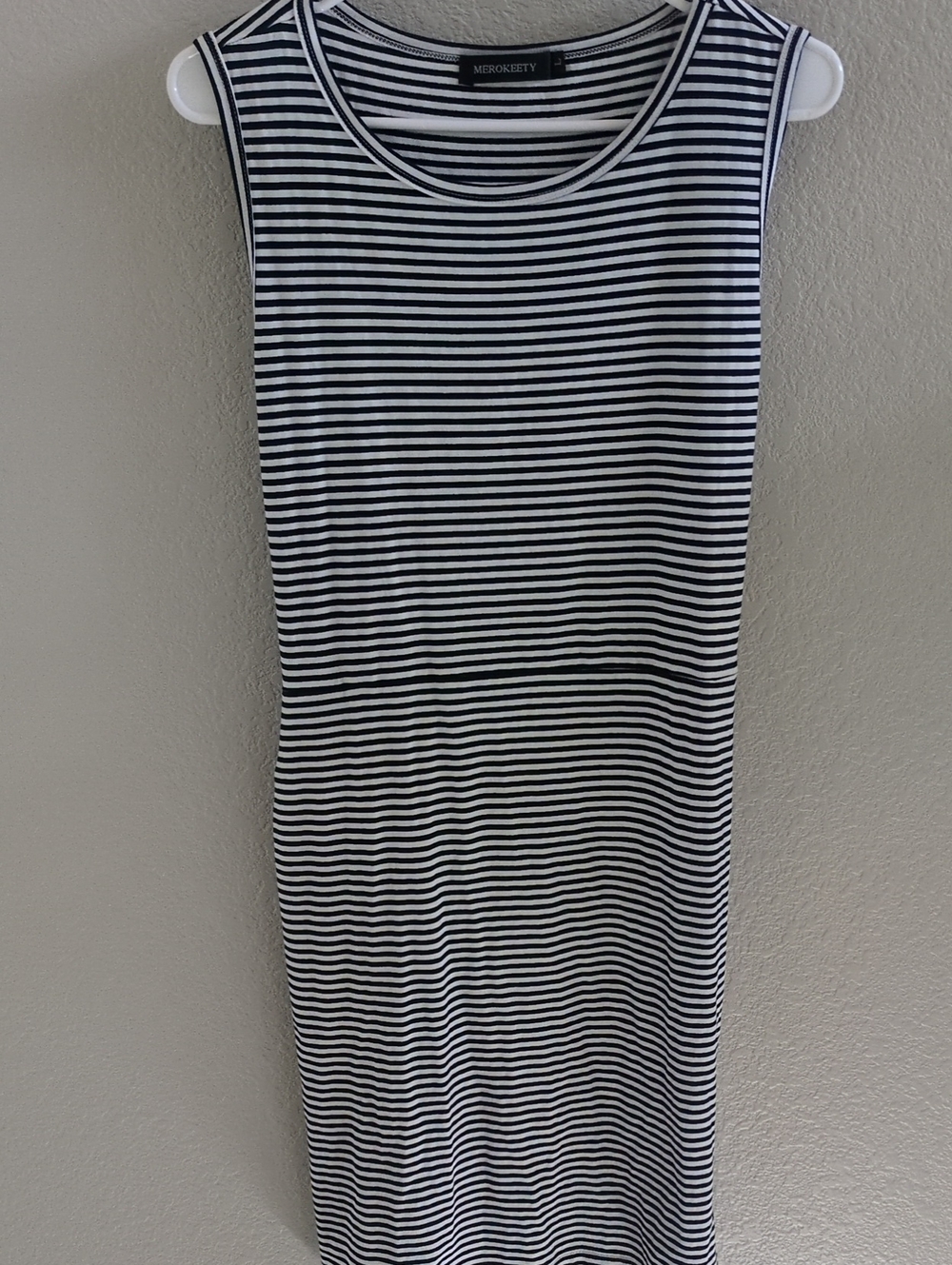 Meroketty Navy and White Striped Sleeveless Midi Dress